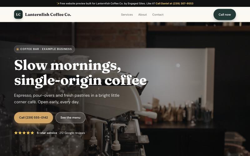 A sample website for a fictional coffee shop