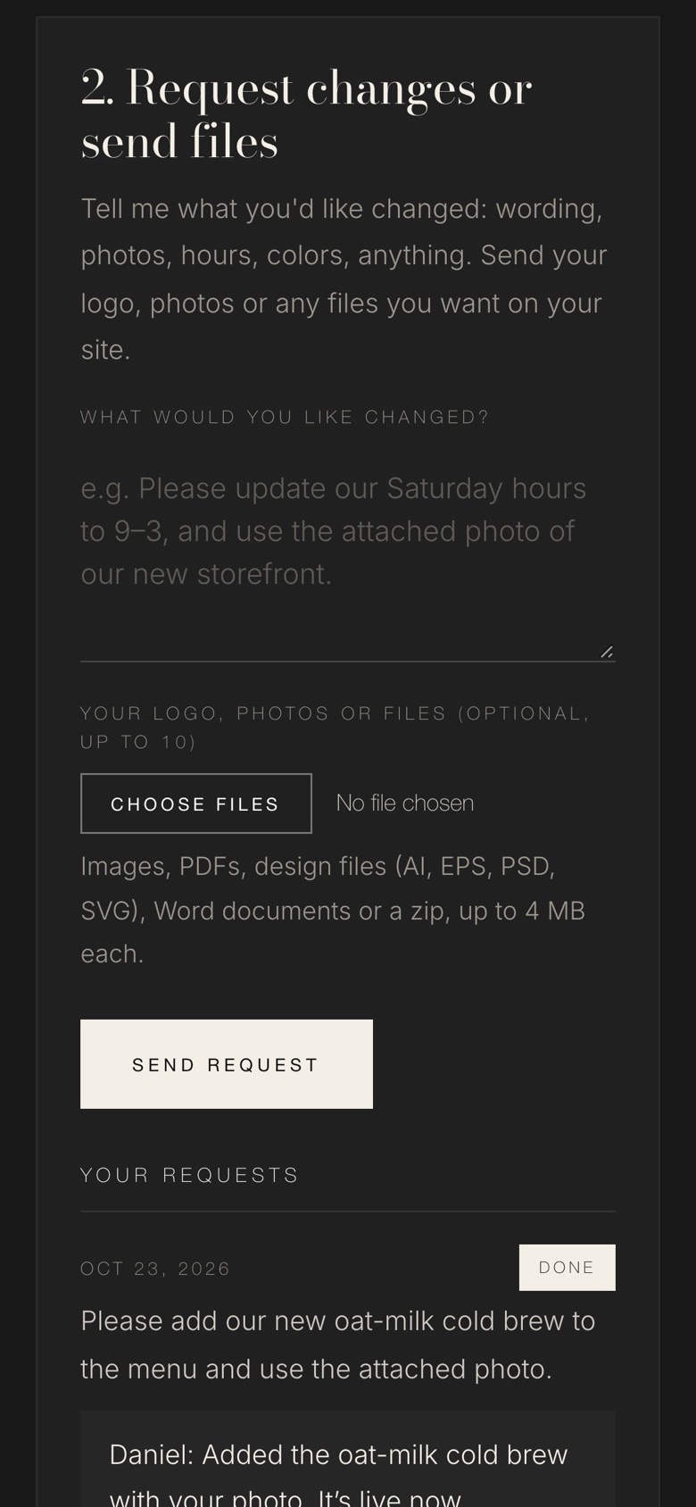 Sending a change request with photos and files in the client portal